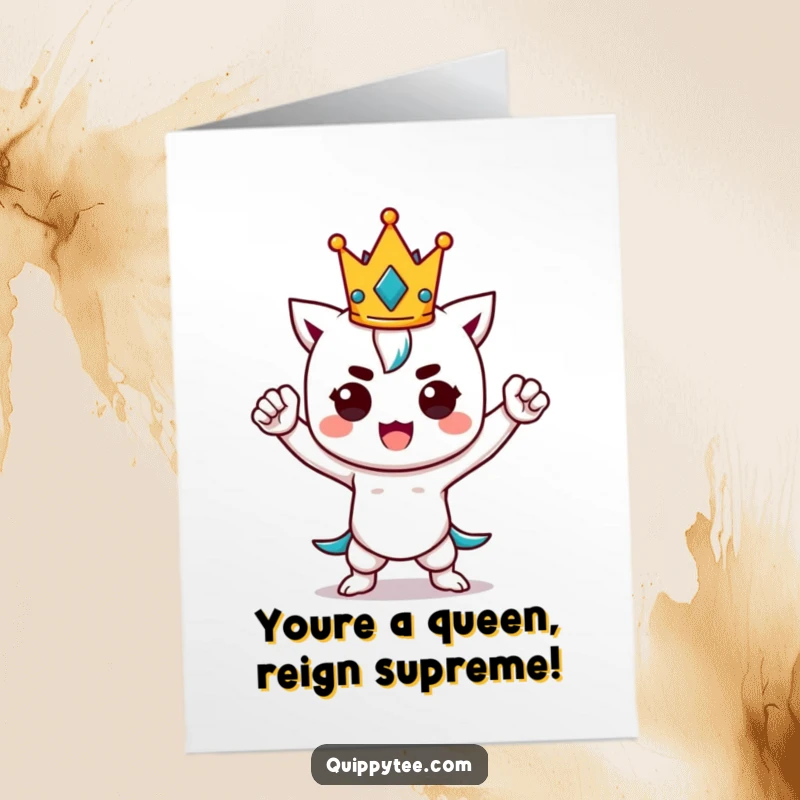 Funny Free Printable Congratulations Card: Kawaii character striking a confident power pose with a tiny crown, celebrating success.