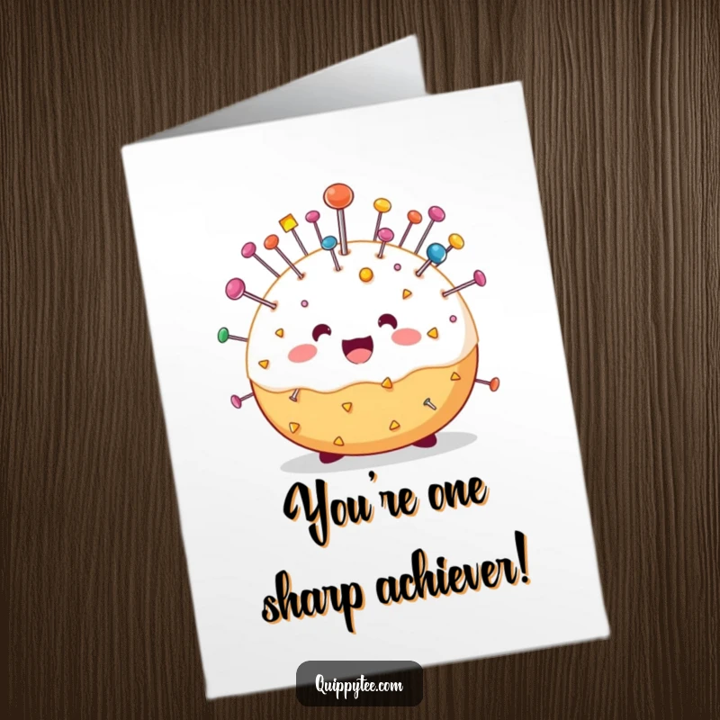 Humorous free printable congratulations card showing a delighted pin cushion character bristling with colorful pins, celebrating an achievement.