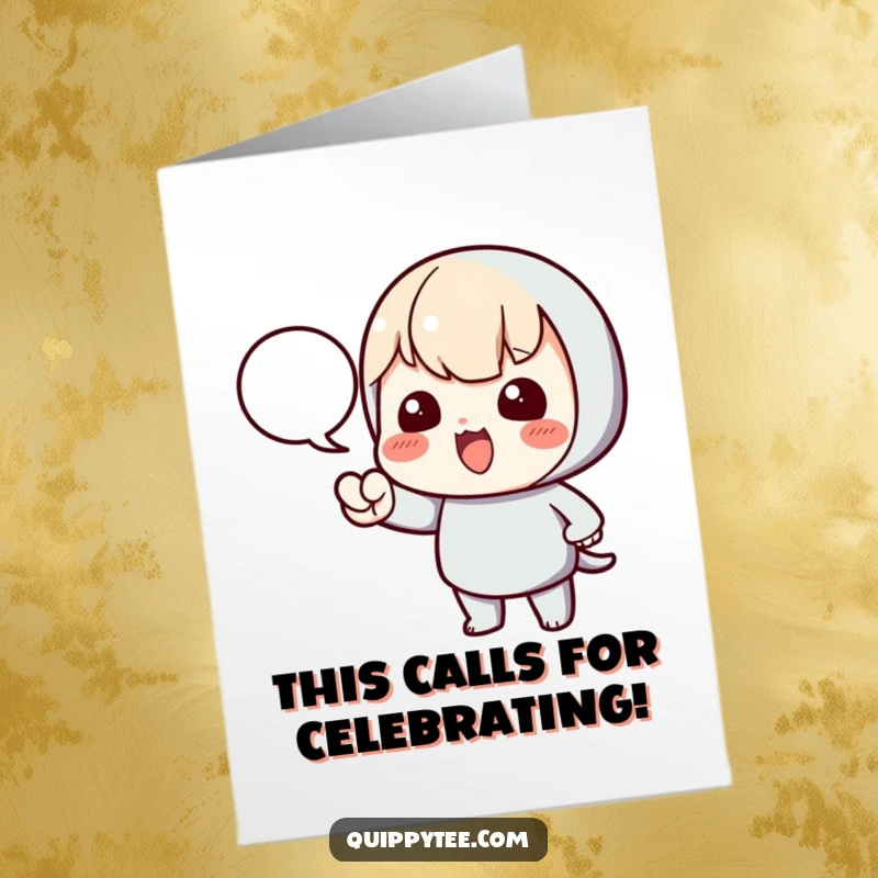 Funny Free Printable Congrats Card: A kawaii character points emphatically at a speech bubble, ready to deliver news.