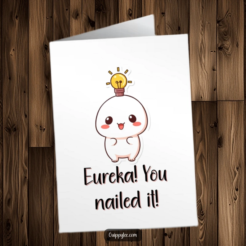 Funny Free Printable Congratulations Card showing a Kawaii character with a lit lightbulb, representing a great idea.
