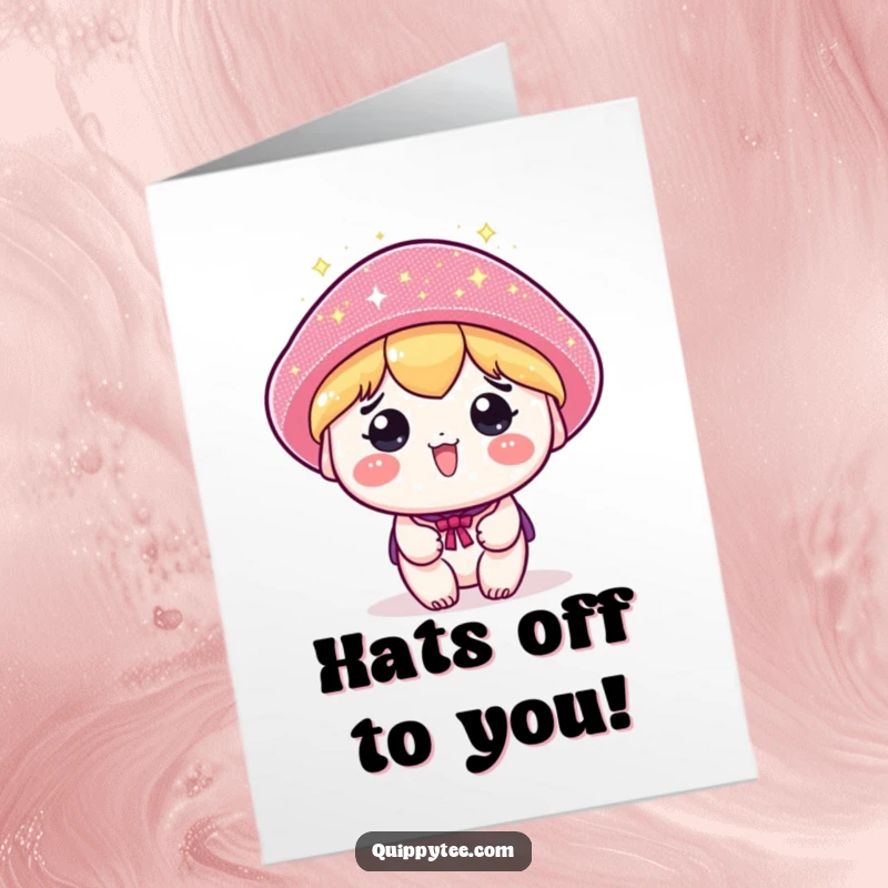 Funny Free Printable Congrats Card: A kawaii character beams under a comically giant, shimmering sparkly hat, ready to party.