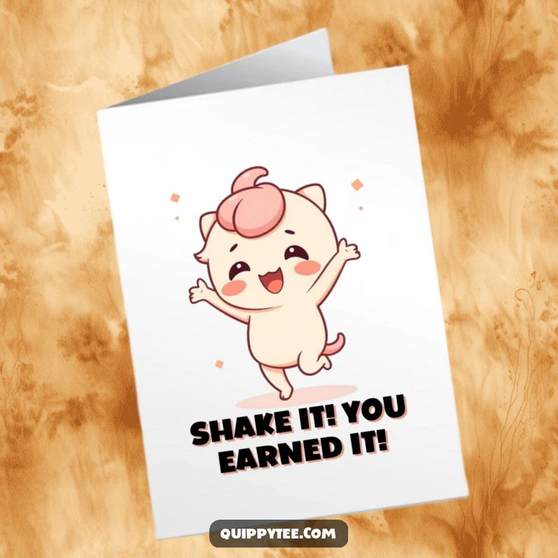 Funny Free Printable Congratulations Card featuring a Kawaii character joyfully dancing with an amused expression.