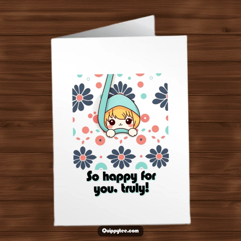 Funny Free Printable Congratulations Card: A cute kawaii character peeking from behind a fabric, offering a surprise congratulatory message.