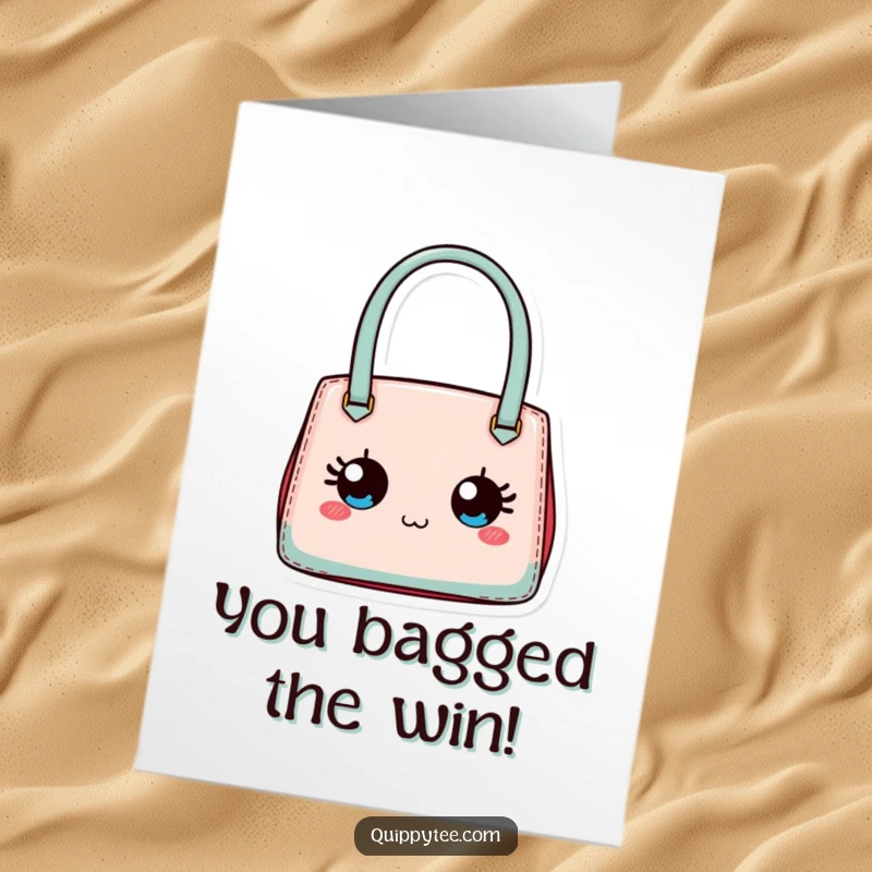 Funny Free Printable Congratulations Card: A tiny designer handbag with expressive eyes, celebrating a fabulous achievement.