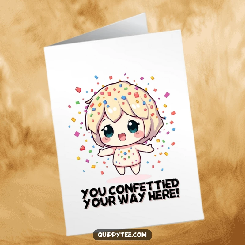 Funny Free Printable Congrats Card: Confetti Sprite showering vibrant pieces, celebrating a big accomplishment.