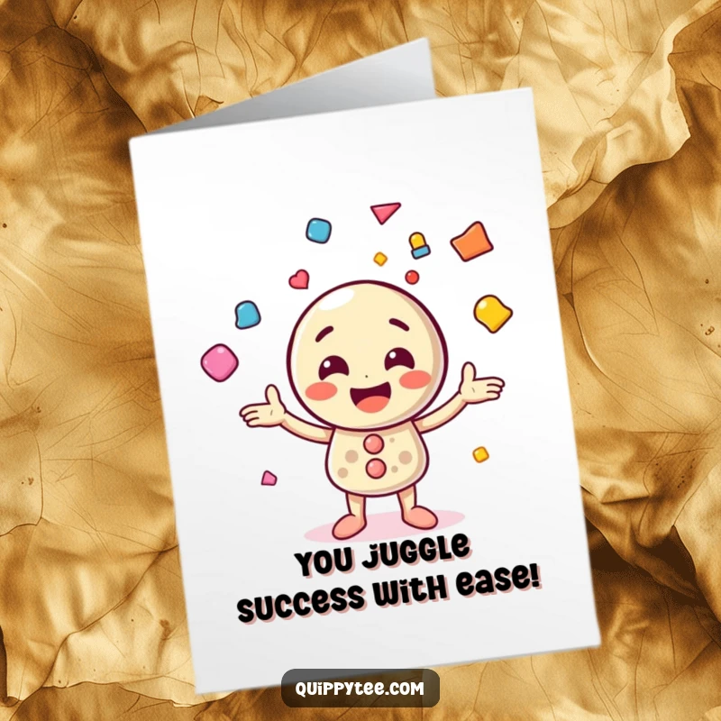 Funny Free Printable Congratulations Card showing a vibrant button character juggling various shapes to mark a special occasion.