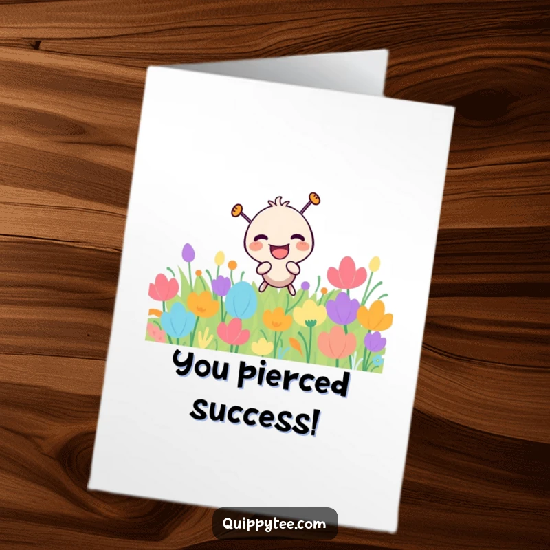 Funny Free Printable Congrats Card: A laughing needle character playfully poking through a colorful patch, signifying a sharp success.