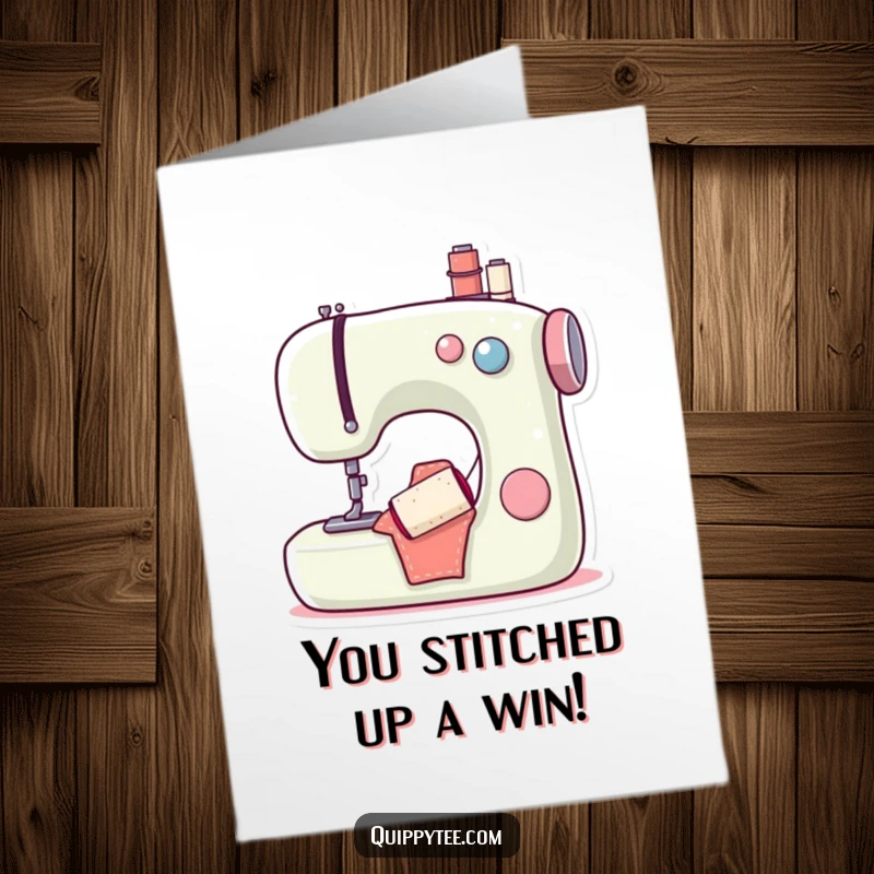 Humorous free printable congratulations card showing a sewing machine character excited about a craft win, with a very happy bobbin.
