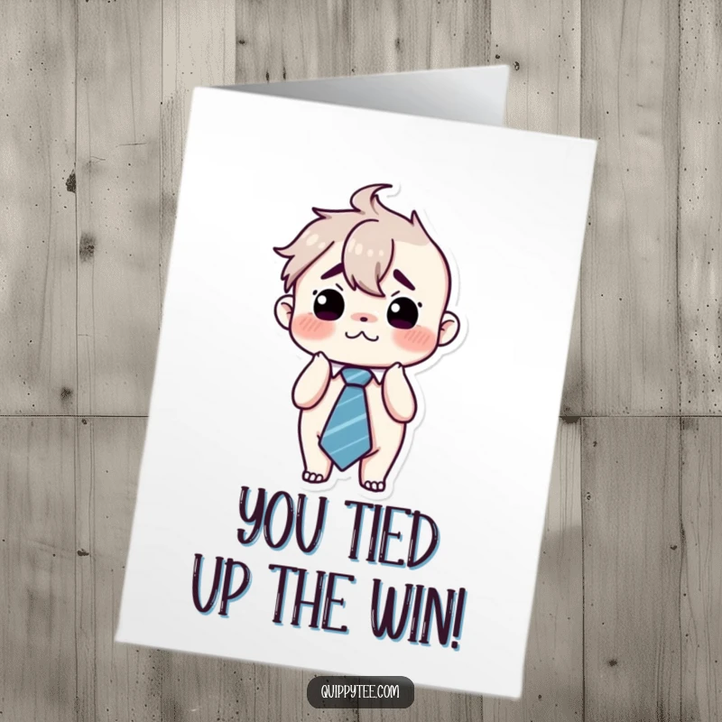 Funny Free Printable Congratulations Card: Kawaii character looking stressed, wearing an enormous tie, perhaps trying to adjust it.