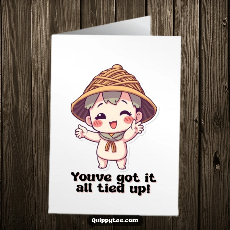 Funny Free Printable Congratulations Card: A character poses comically in a unique hat made of interwoven threads.