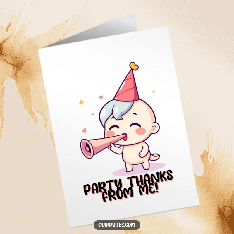 Funny Free Printable Thank You Card: A cartoon character in a party hat joyfully blows a party horn with eyes wide in excitement.