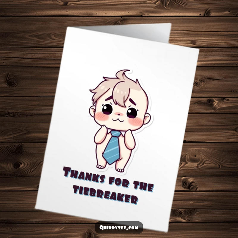 Funny Free Printable Thank You Card: Kawaii character looking slightly panicked, an oversized tie draped around its neck.