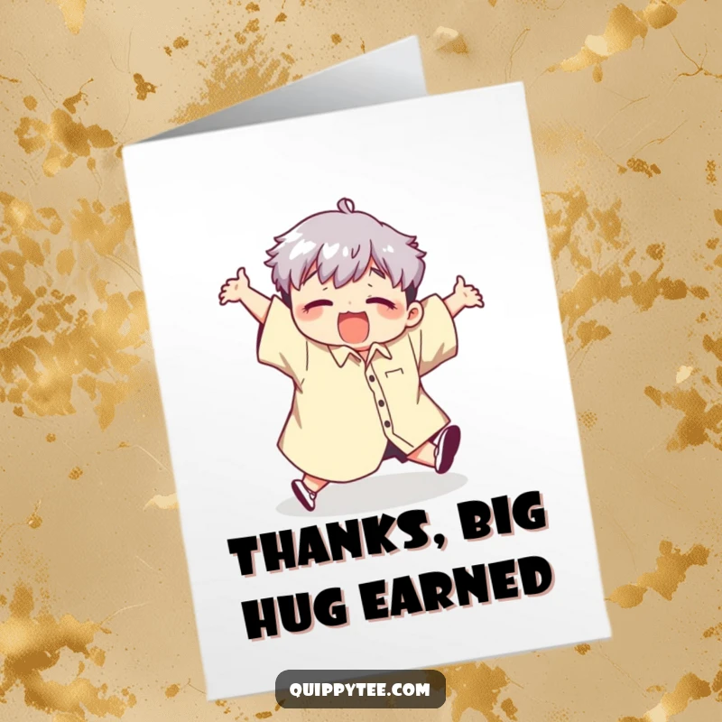 Funny Free Printable Thank You Card: Kawaii character comically tripping in a huge shirt, expressing thanks with humor.