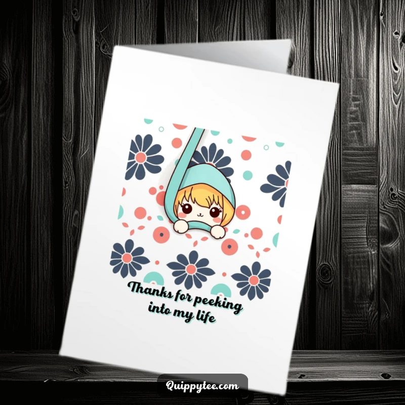Funny Free Printable Thank You Card: A sweet kawaii character is peeking from behind a colorful patterned fabric, saying thanks with a grin.