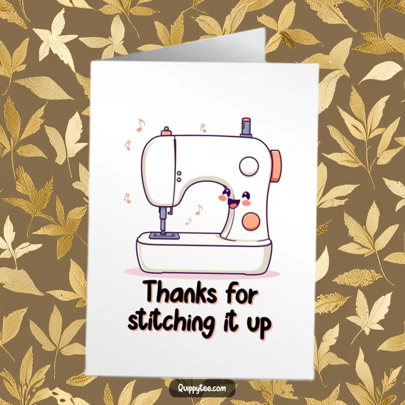 Funny Free Printable Thank You Card: Stylized sewing machine humming a tune, sending thanks with a creative and cheerful vibe.
