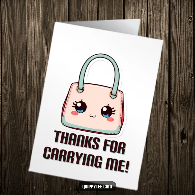 Funny Free Printable Thank You Card: A tiny designer handbag with expressive eyes conveying sincere thanks.