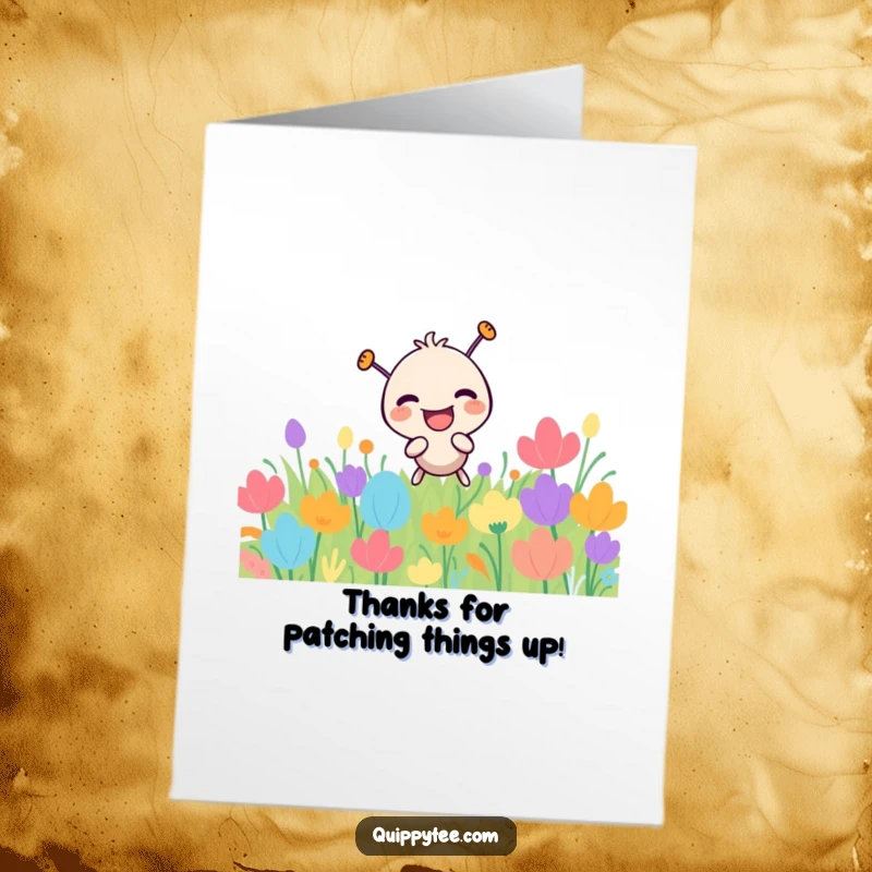 Funny Free Printable Thank You Card: A happy needle character playfully poking through a bright patch, expressing thanks with a giggle.