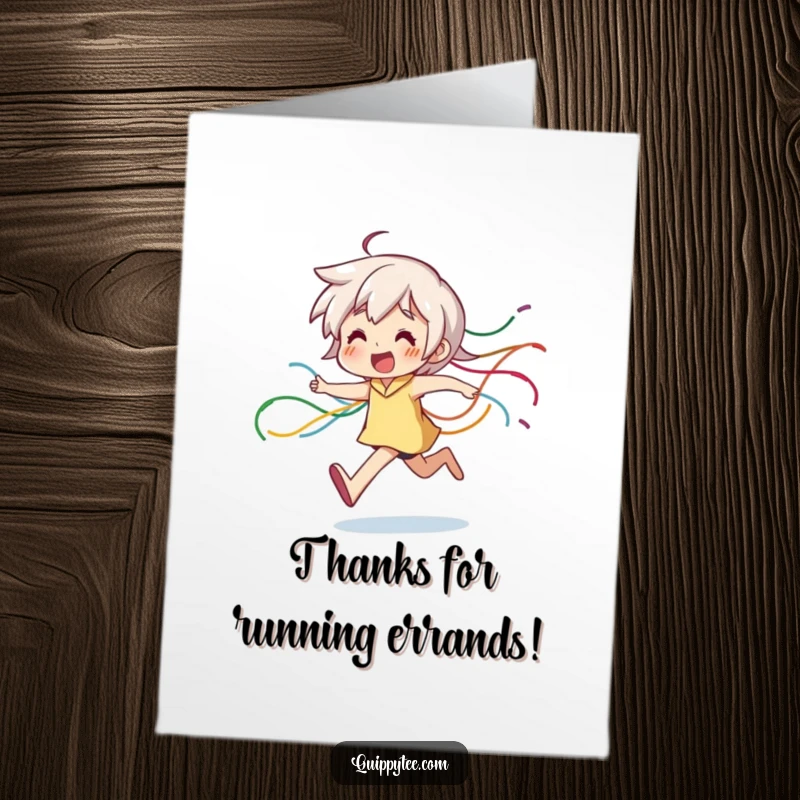 Funny Free Printable Thank You Card: A character running happily, trailing colorful threads, expressing thanks.