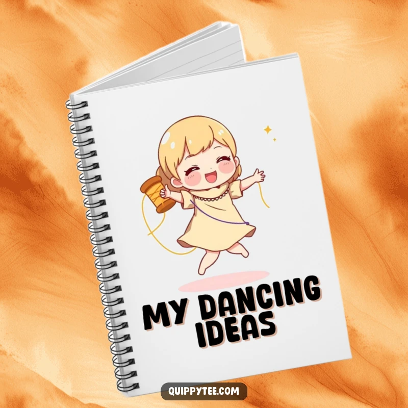 Funny notebook with a character doing a joyful dance with a spool of shimmering thread, great for jotting down creative ideas.
