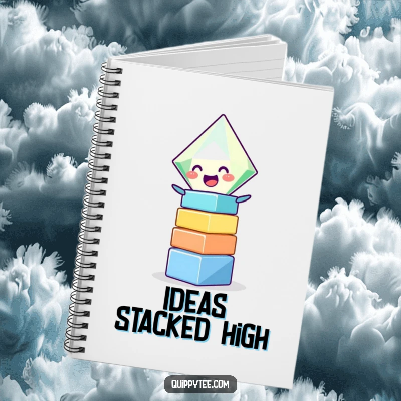 Funny notebook cover displaying a happy diamond character busy stacking colorful blocks, encouraging playful note-taking and brainstorming.
