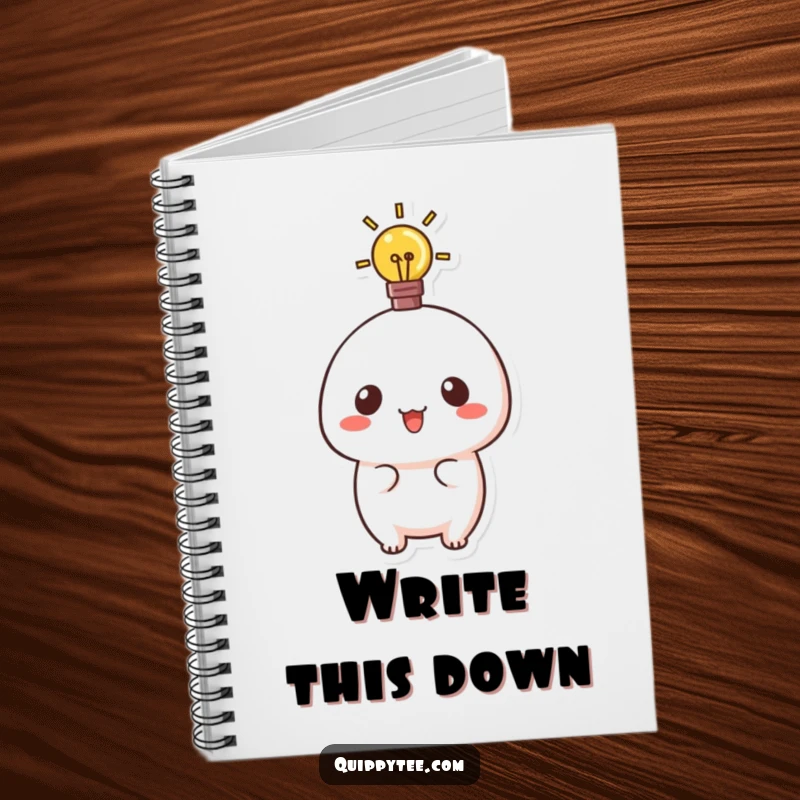 Funny notebook with a cute kawaii character and a lightbulb, perfect for jotting down brilliant ideas and thoughts.