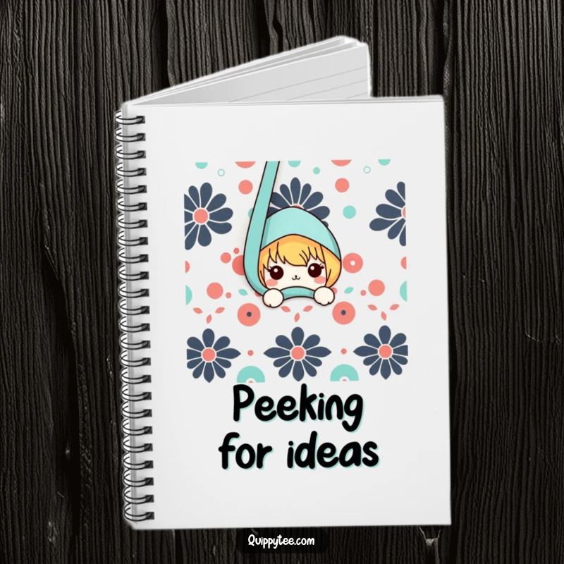 Funny notebook with a kawaii character peeking from behind patterned fabric, designed for jotting notes with a touch of playful charm.