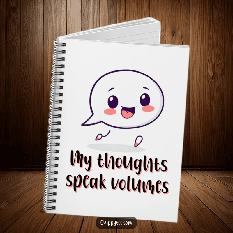 Funny speech bubble character notebook, playfully chasing a punctuation mark, perfect for capturing witty ideas and conversations.