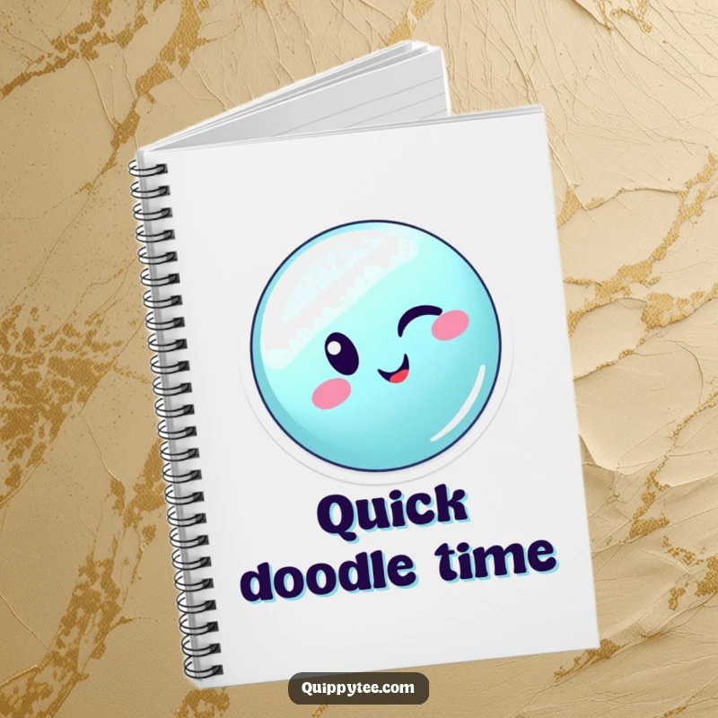 Funny winking button character zipping energetically across a seam, inspiring quick thoughts on this notebook.