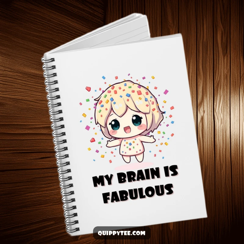 Funny Notebook: A cheerful confetti sprite showering colorful pieces, perfect for capturing ideas with a burst of fun and energy.