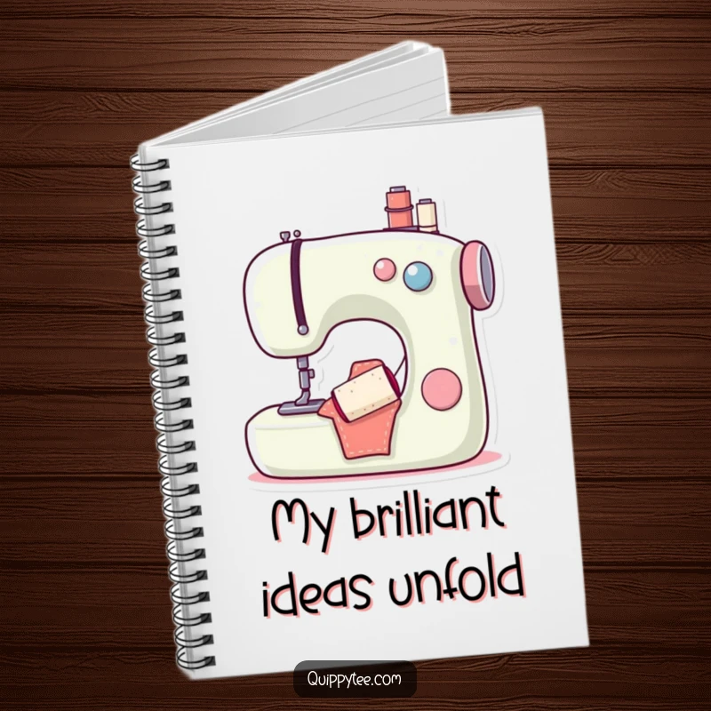 Funny notebook showcasing a happy sewing machine character with a cheerful bobbin, ideal for jotting down creative ideas and sewing plans humorously.