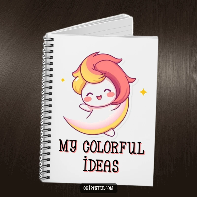 Funny Notebook: A vibrant rainbow swirl character twirling happily, encouraging colorful ideas and joyful writing.