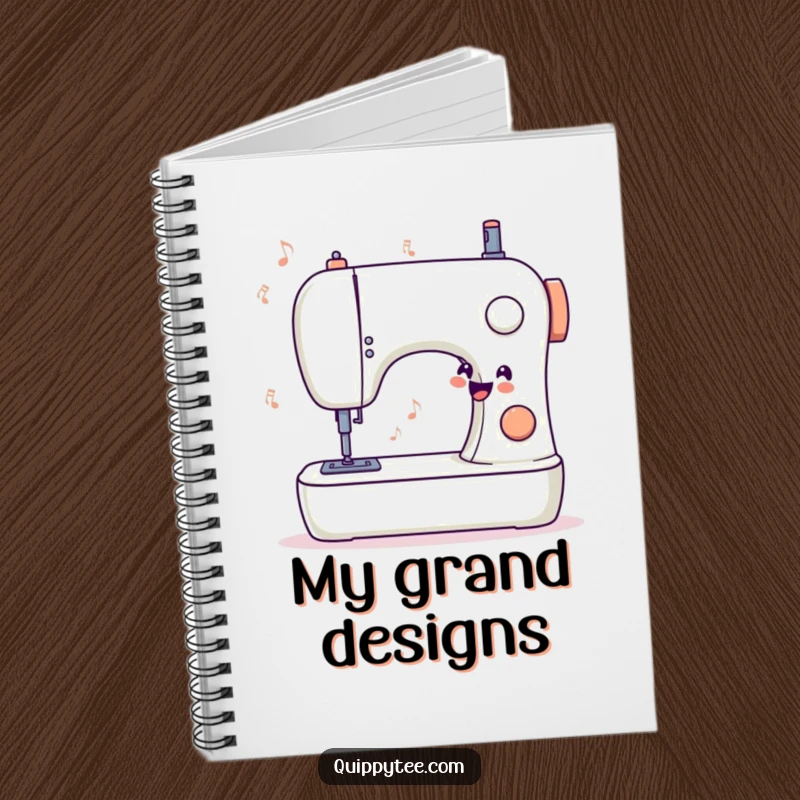 Funny notebook with a stylized sewing machine humming a happy tune, encouraging users to write down their creative sewing ideas.