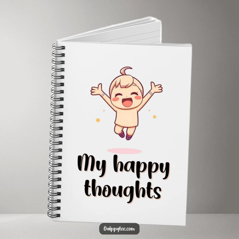 Funny notebook cover with a kawaii character leaping joyfully with arms spread wide, inspiring users to fill it with happy thoughts.