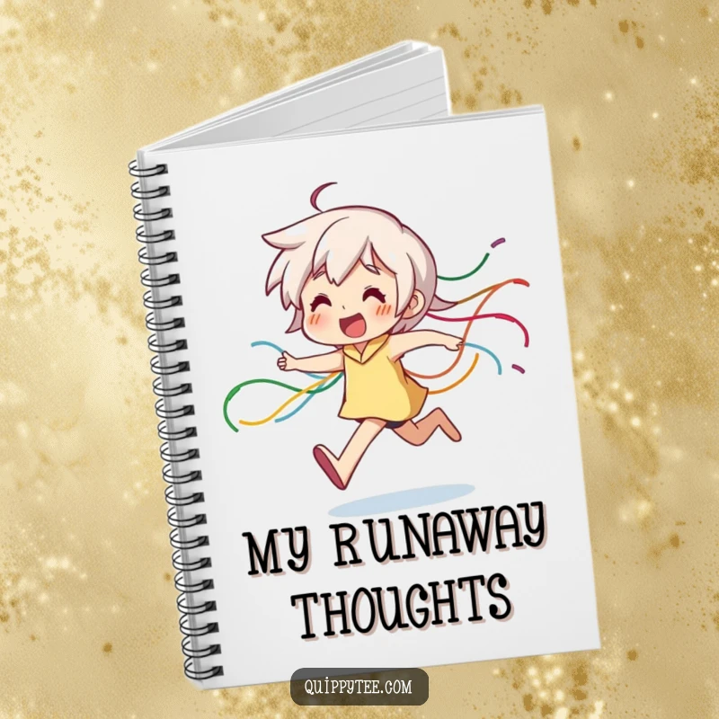 Funny Notebook: A character runs energetically, followed by a whimsical trail of colorful threads, ideal for capturing dynamic ideas.