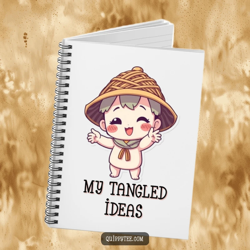 Funny Notebook: A character in a funny pose sports a unique hat woven from threads, ideal for capturing creative thoughts.