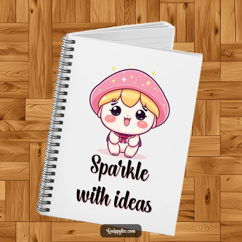 Funny notebook cover with a kawaii character wearing an oversized, glittering hat, making note-taking a glamorous affair.
