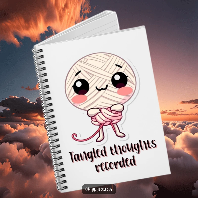 Funny happy thread character playfully tying itself into a knot, inspiring cheerful thoughts on this notebook.