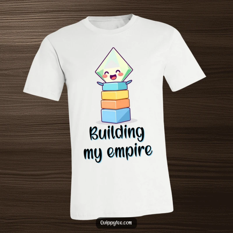 Funny t-shirt with a joyful diamond character gleefully stacking colorful blocks, radiating amusement and a love for games.