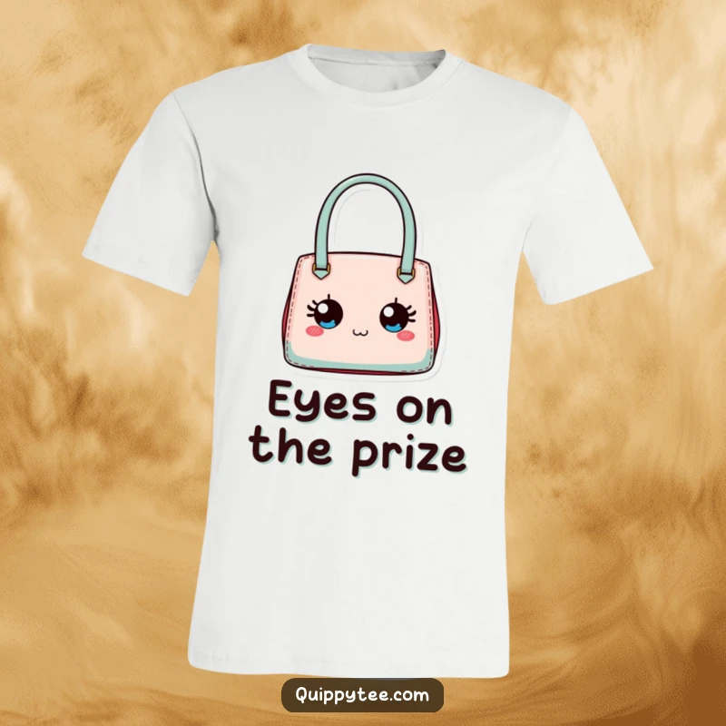 Funny t-shirt showcasing a tiny designer handbag with expressive eyes, exuding fashionable personality.