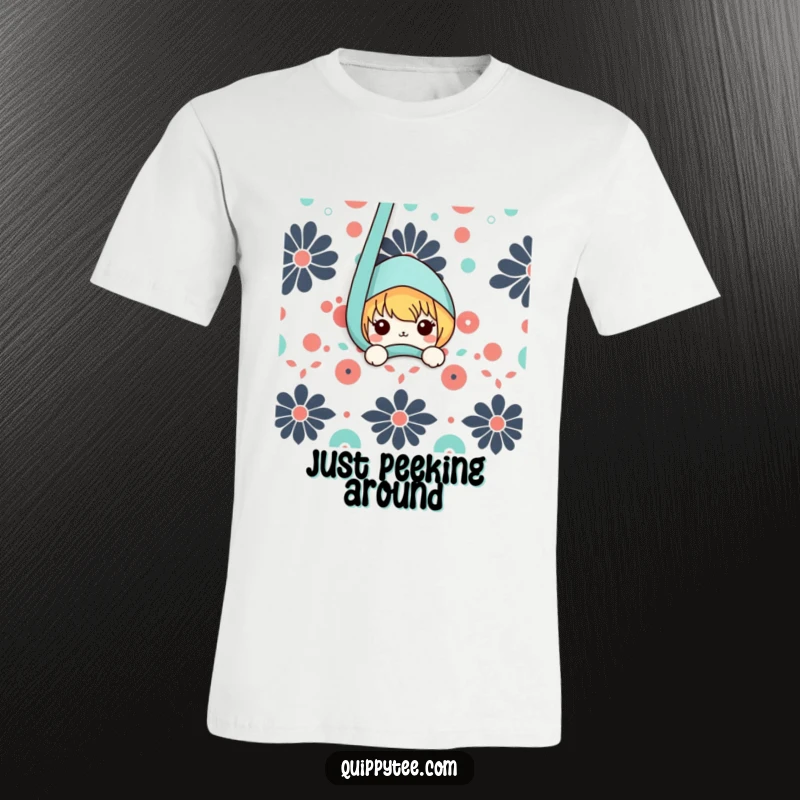 Funny t-shirt showcasing a shy yet cheerful kawaii character peeking over a vibrant, patterned cloth, radiating playful charm.