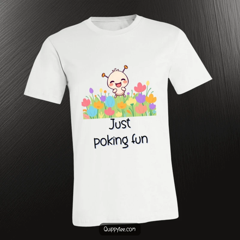 Funny laughing needle character playfully poking a colorful fabric patch, designed for a humorous t-shirt.