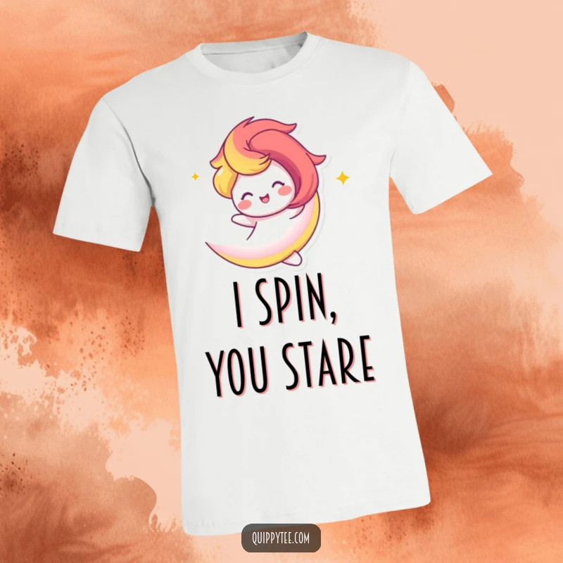 Funny T-Shirt: A vibrant rainbow swirl character happily twirling with dynamic motion, showcasing pure joy.