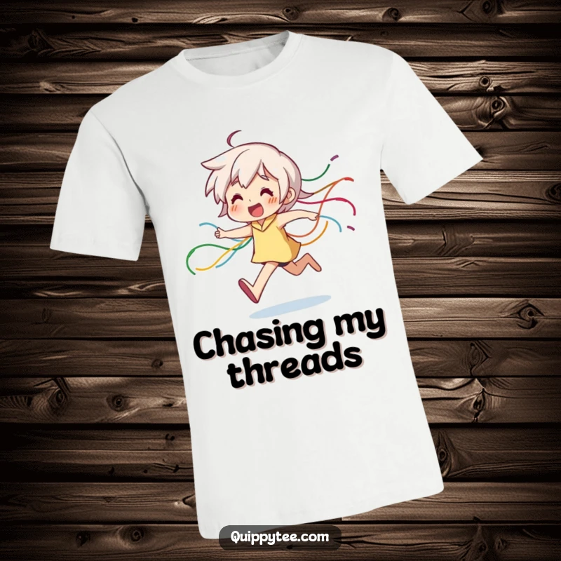 Funny T-Shirt: A dynamic character happily runs, a whimsical trail of colorful, dangling threads flowing behind them.