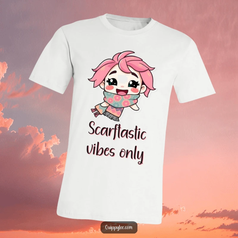 Funny T-Shirt: A smiling character beams, showcasing an incredibly flamboyant and colorful patterned scarf, exuding happiness.