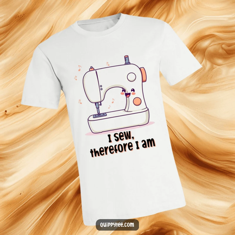 Funny t-shirt with a stylized sewing machine illustration, depicted humming a cheerful tune, celebrating the joy of sewing.