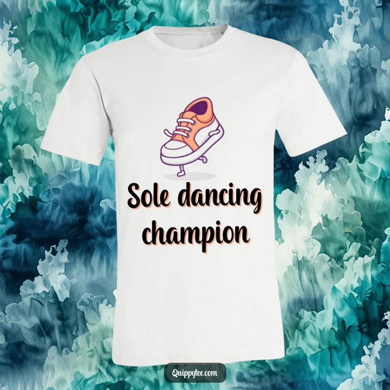 Funny T-shirt depicting a tiny shoe character doing a silly dance, embodying playful movement and lighthearted joy.
