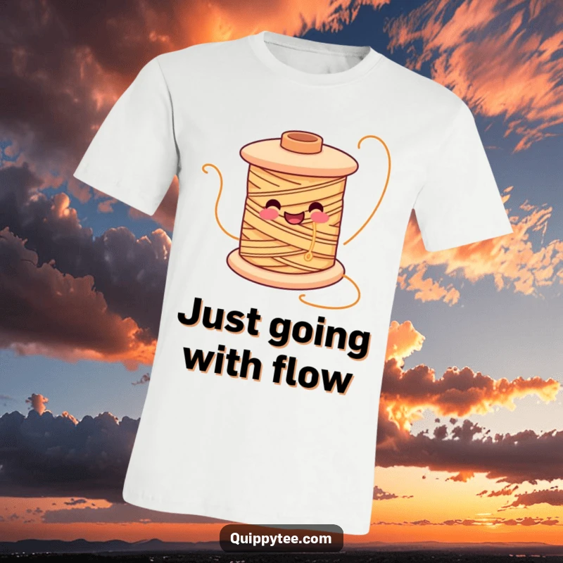 Funny t-shirt featuring a smiling spool of thread character happily unwinding, representing the joy of sewing.