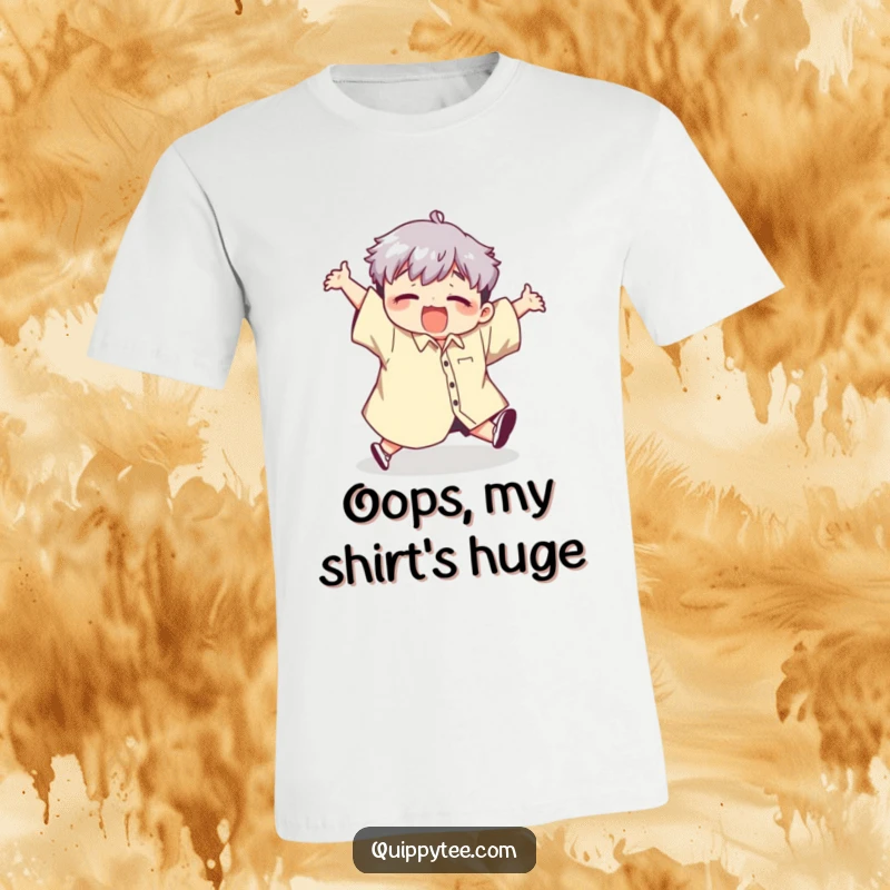 Funny t-shirt depicting a cute kawaii character comically tripping while swamped in a giant shirt, a humorous take on wardrobe mishaps.