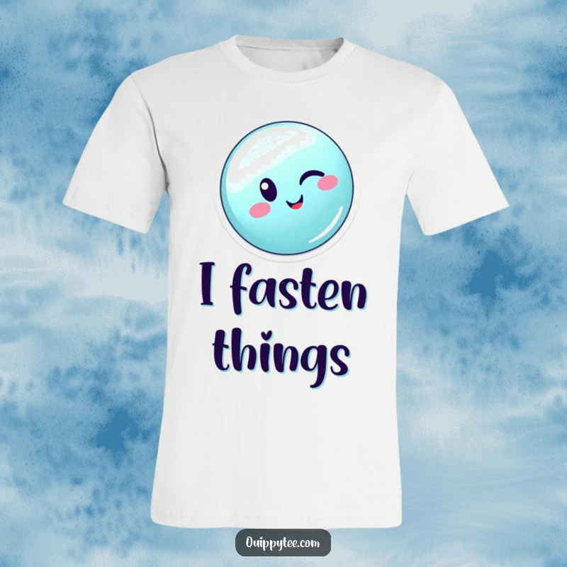 Funny winking button character swiftly zipping across a seam, illustrating motion and playful energy on this t-shirt.