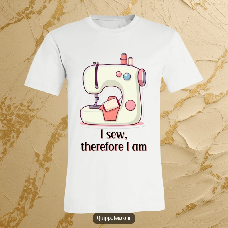 Funny t-shirt with a content sewing machine character and a smiling bobbin, designed for crafters who love to sew and appreciate humor.